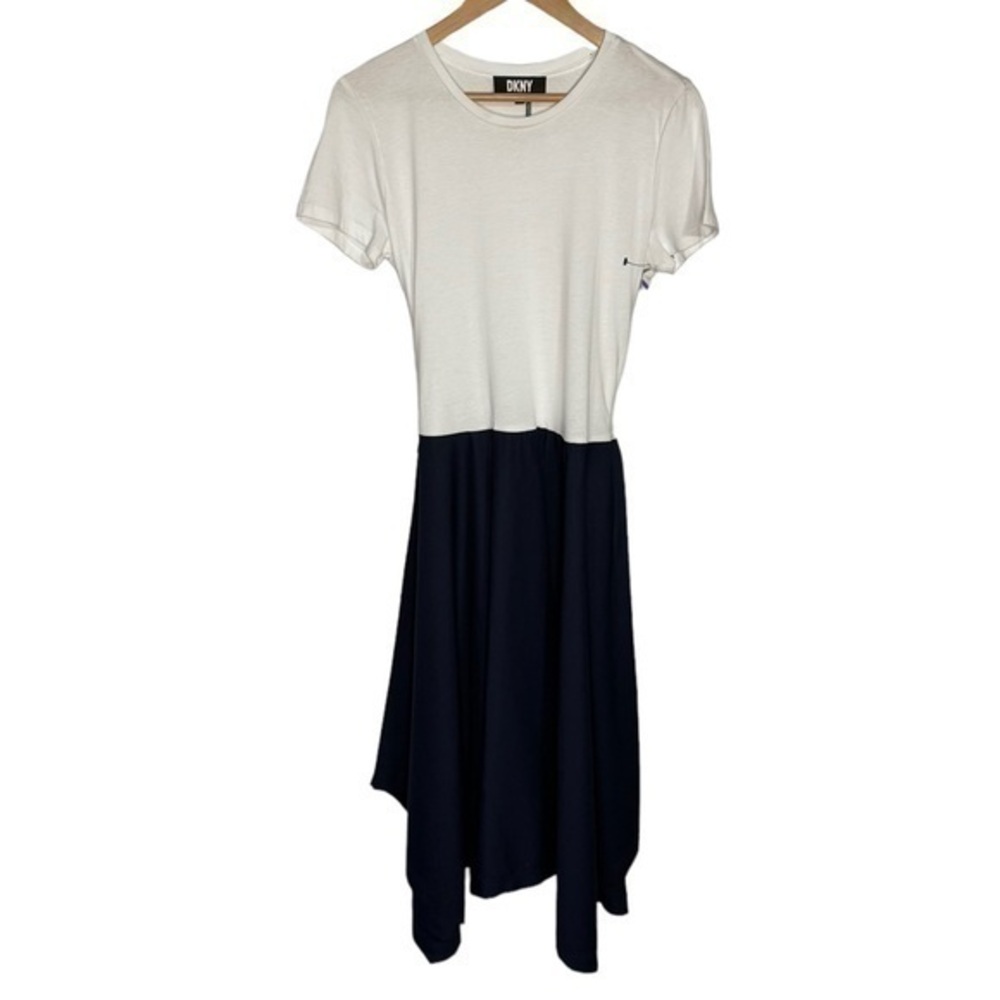 DKNY Black White Colorblock Two-Tone Tie Waist Short Sleeve T-Shirt Dress Size S